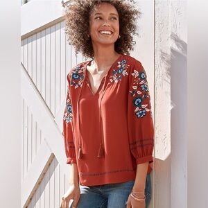 Garnet Hill Embroidered-Yoke Bishop-Sleeve Blouse, Size XS